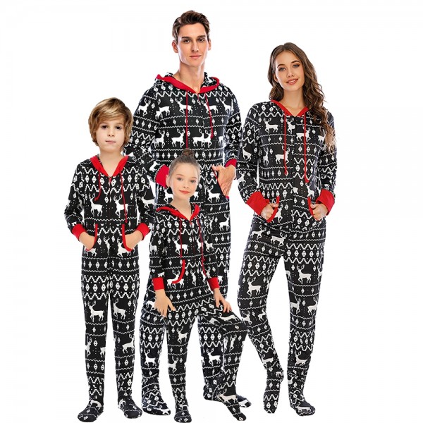 Family Christmas Pajamas Footed Onesie Hooded One-Piece Sleepwear Black