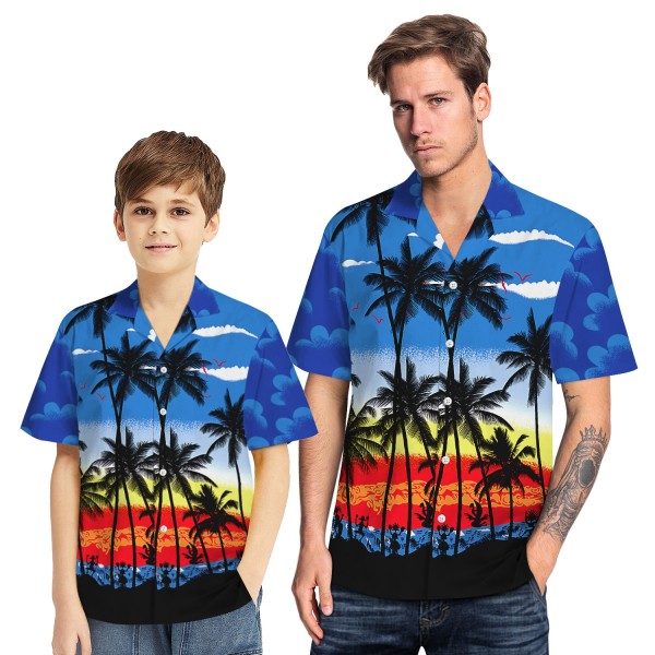 Tropical Hawaiian Aloha Shirt Beach Palm Blue Casual Button-Down Shirts For Men Boys