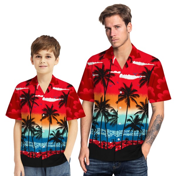 Tropical Hawaiian Aloha Shirt Beach Palm Red Casual Button-Down Shirts For Men Boys