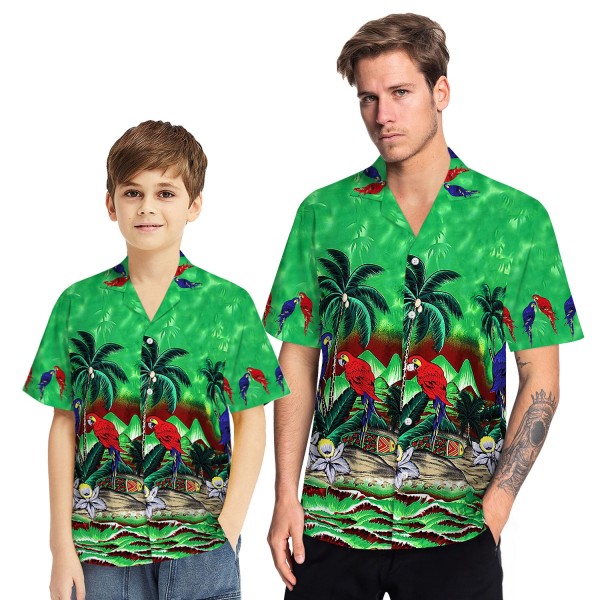 Tropical Hawaiian Aloha Shirt Parrot Palm Green Casual Button-Down Shirts For Men Boys