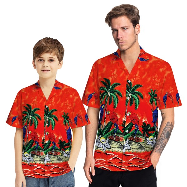 Tropical Hawaiian Aloha Shirt Parrot Palm Red Casual Button-Down Shirts For Men Boys