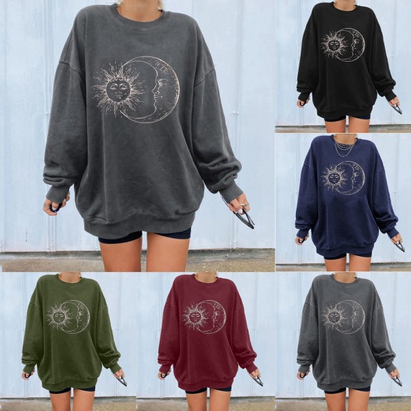 Women Vintage Graphic Oversized Crewneck Long Sleeve Pullover