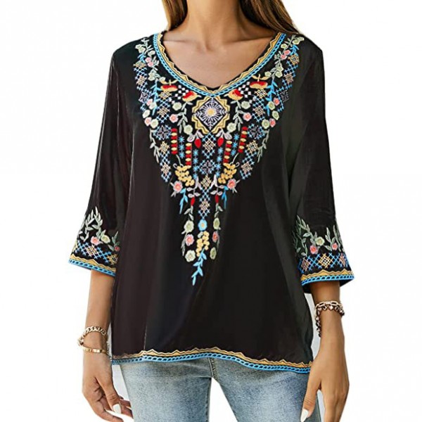 Mexican Embroidered Shirts Boho Tops 3/4 Sleeve Bohemian Peasant Top