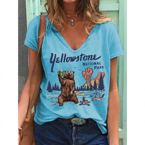 Womens Yellowstone National Park V-neck Short Sleeve Shirts