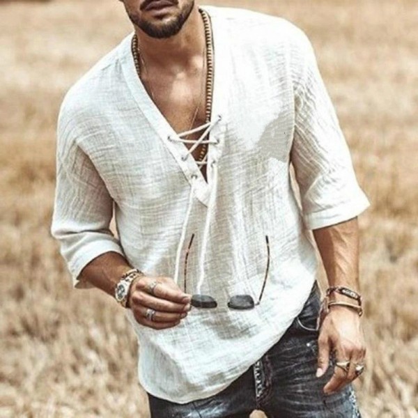 Men's Linen Holiday Beach Shirts Plain V Neck Tethered Tops