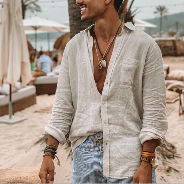 Men's Linen Beach Shirts Simple Front Pocket Button Down Collar Tops