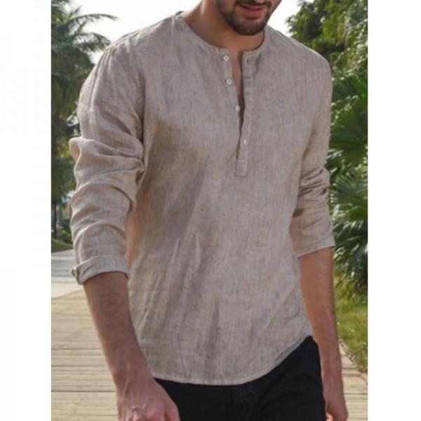 Men's Linen Beach Shirts Simple Button Up Collar Long Sleeve Tops