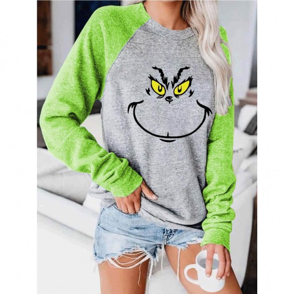 Laides Grinch Face Green Sleeve Color Block Sweatshirt