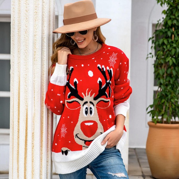 Women Christmas Cute Reindeer Printed Sweater