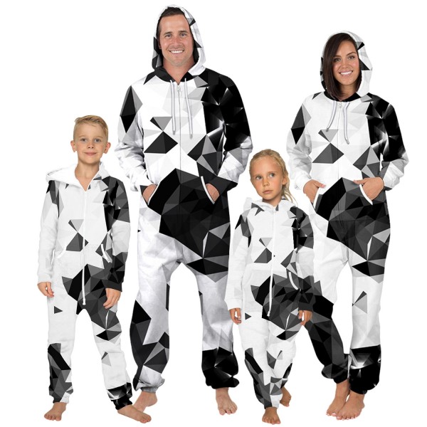 Geometric 3D Printed Hooded Jumpsuit Zip Up Long Sleeve Onesie For Men & Women
