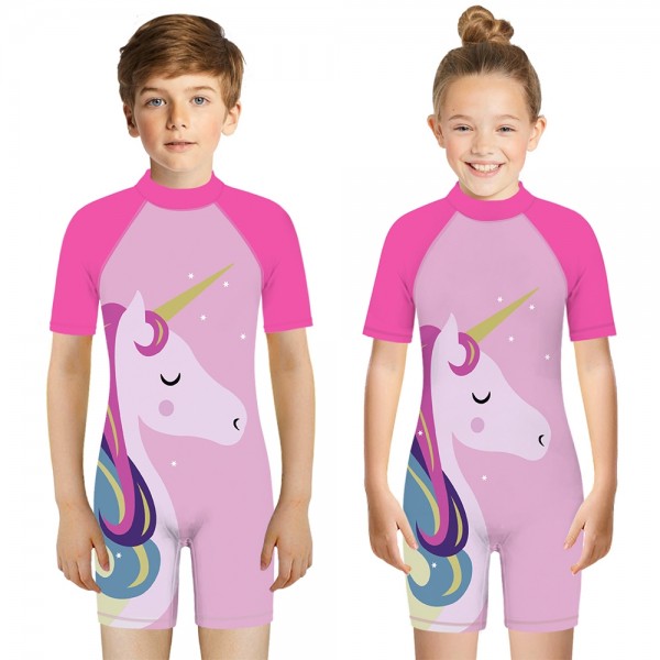 Kid's Unicorn One-Piece Swimsuit Pink 3D Short Sleeve Swimwear For Boys & Girls