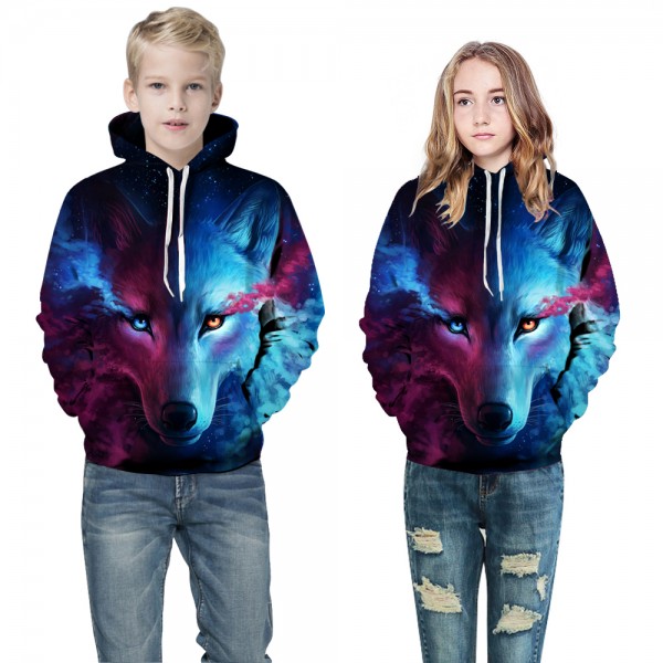 Purple Blue Wolf Kids 3D Print Hooded Sweatshirt
