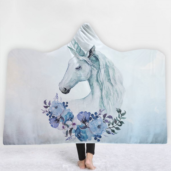 Blue Unicorn Flower White 3D Printing Hooded Blanket
