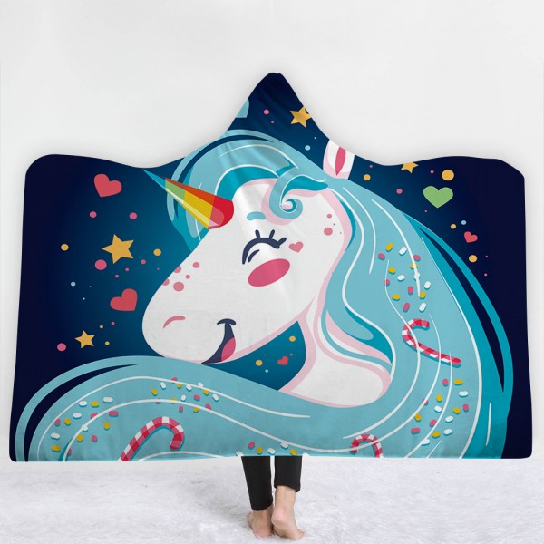 Blue Smile Unicorn 3D Printing Hooded Blanket