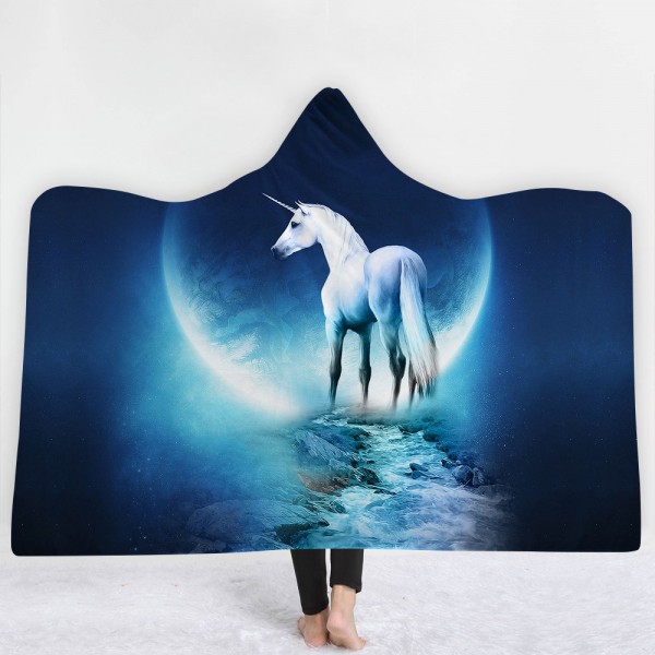 White Unicorn Moon 3D Printing Hooded Blanket