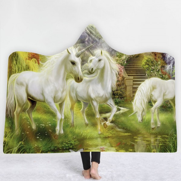White Unicorns Dreaming Green 3D Printing Hooded Blanket