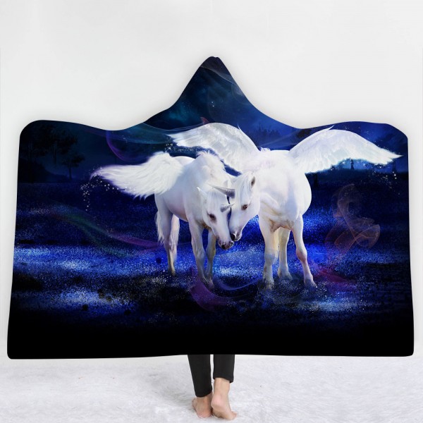 White Flying Unicorns Deep Blue 3D Printing Hooded Blanket