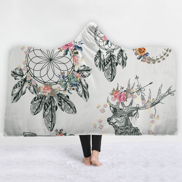 Grey Flower Deer Dreamcatcher 3D Printing Hooded Blanket