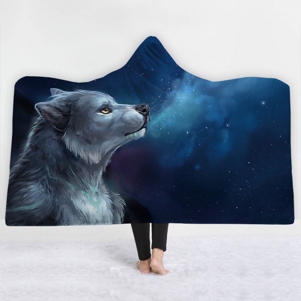 Contemplative Wolf Galaxy 3D Print Hooded Blanket