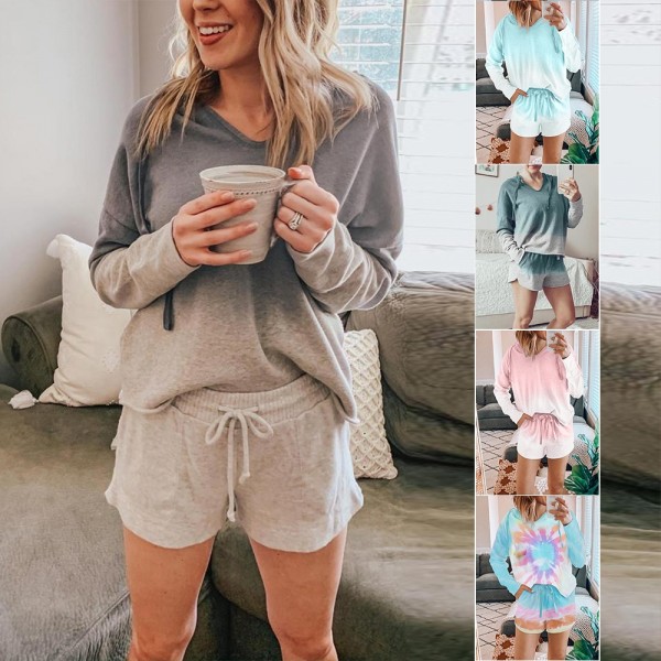 Women Tie Dye Hooded Tops & Shorts Pajama Set Long Sleeve Hoodie Sleepwear Loungewear