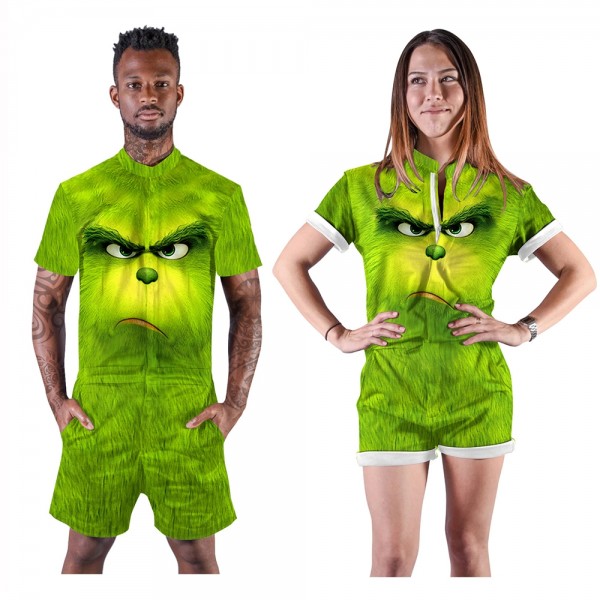 The Grinch Romper Shorts 3D Zip Up Short Sleeve Jumpsuit One Piece Outfit Shorts