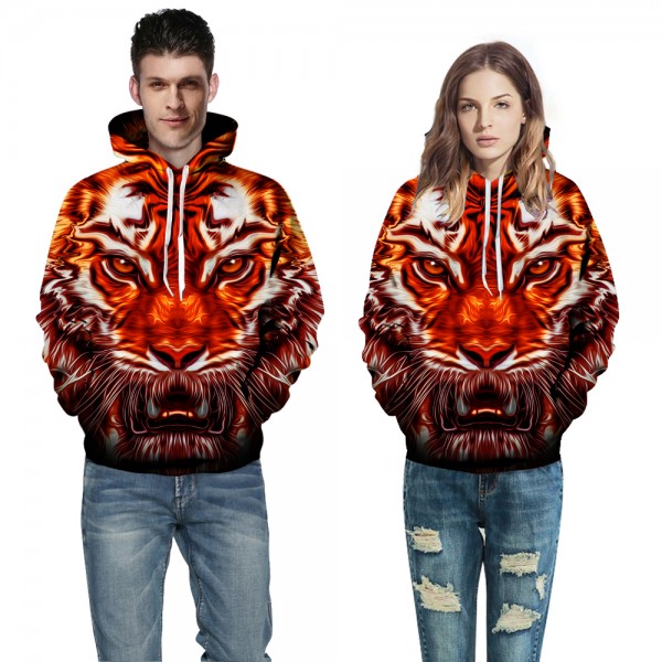 Red Tiger Face Animal 3D Unisex Pull Over Hoodie