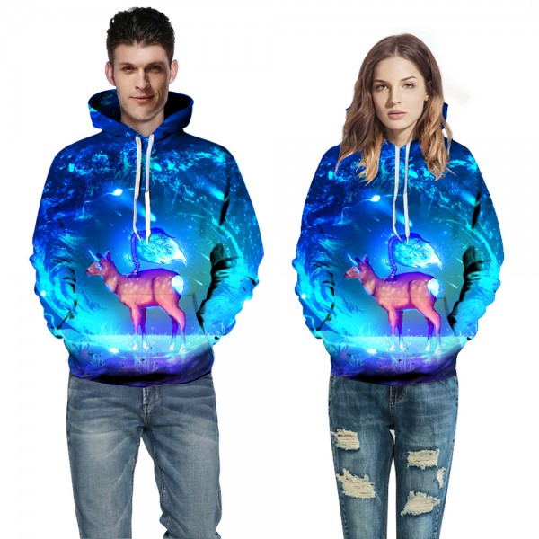 Blue Space Deer 3D Hooded Sweatshirt