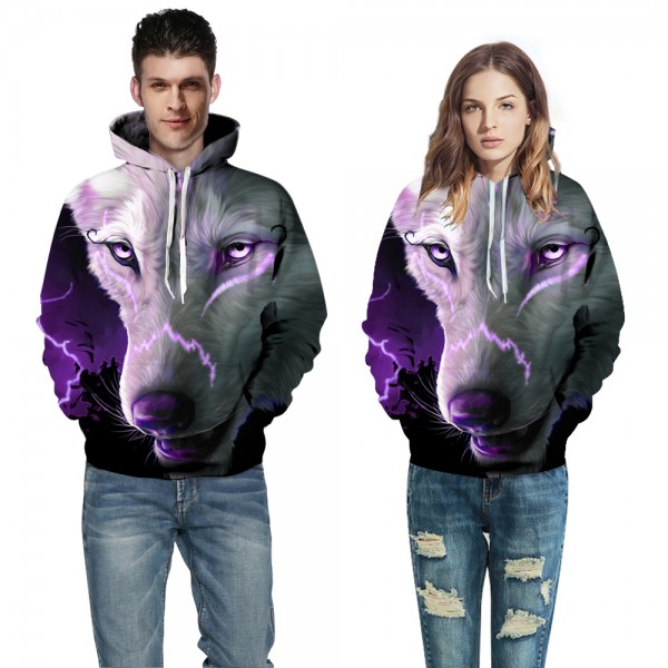 Men'S Casual 3D Print Hoodie Purple Wolf