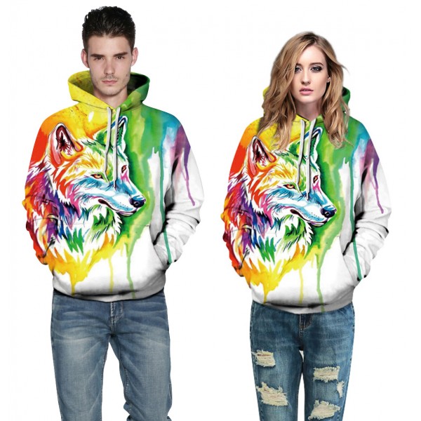 Colored Wolf 3D Design Hooded Sweatshirt