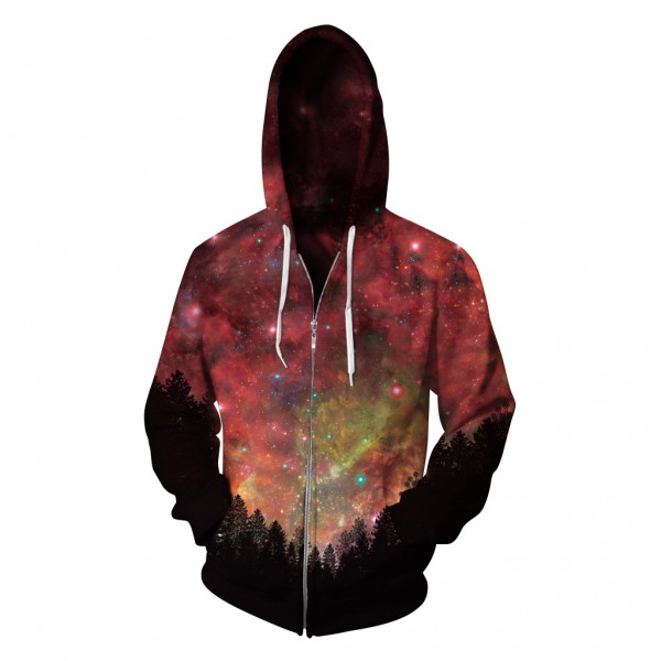 Night Sky Red Galaxy 3D Print Zip Up Hooded Sweatshirt