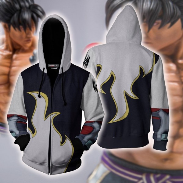 Tekken Hoodies - Tekken Jin Kazama White Flame 3D Zip Up Hoodie Jacket Cosplay Costume