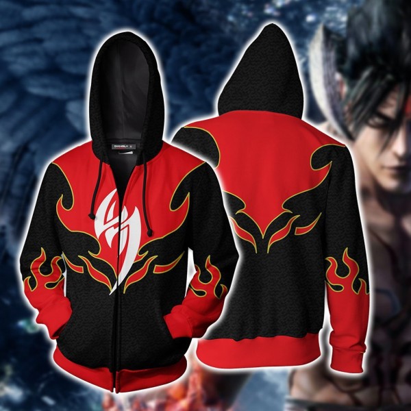 Tekken Hoodies - Tekken Jin Kazama Red Flame 3D Zip Up Hoodie Jacket Cosplay Costume