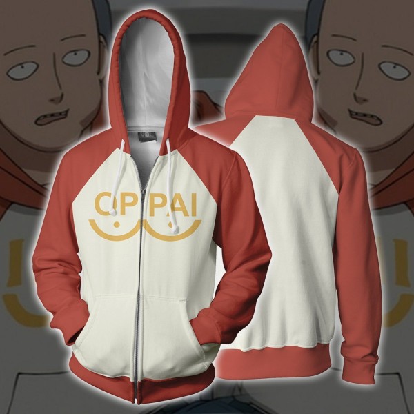 One Punch Man Hoodies - Saitama Oppai 3D Zip Up Hoodie Jacket Cosplay Costume